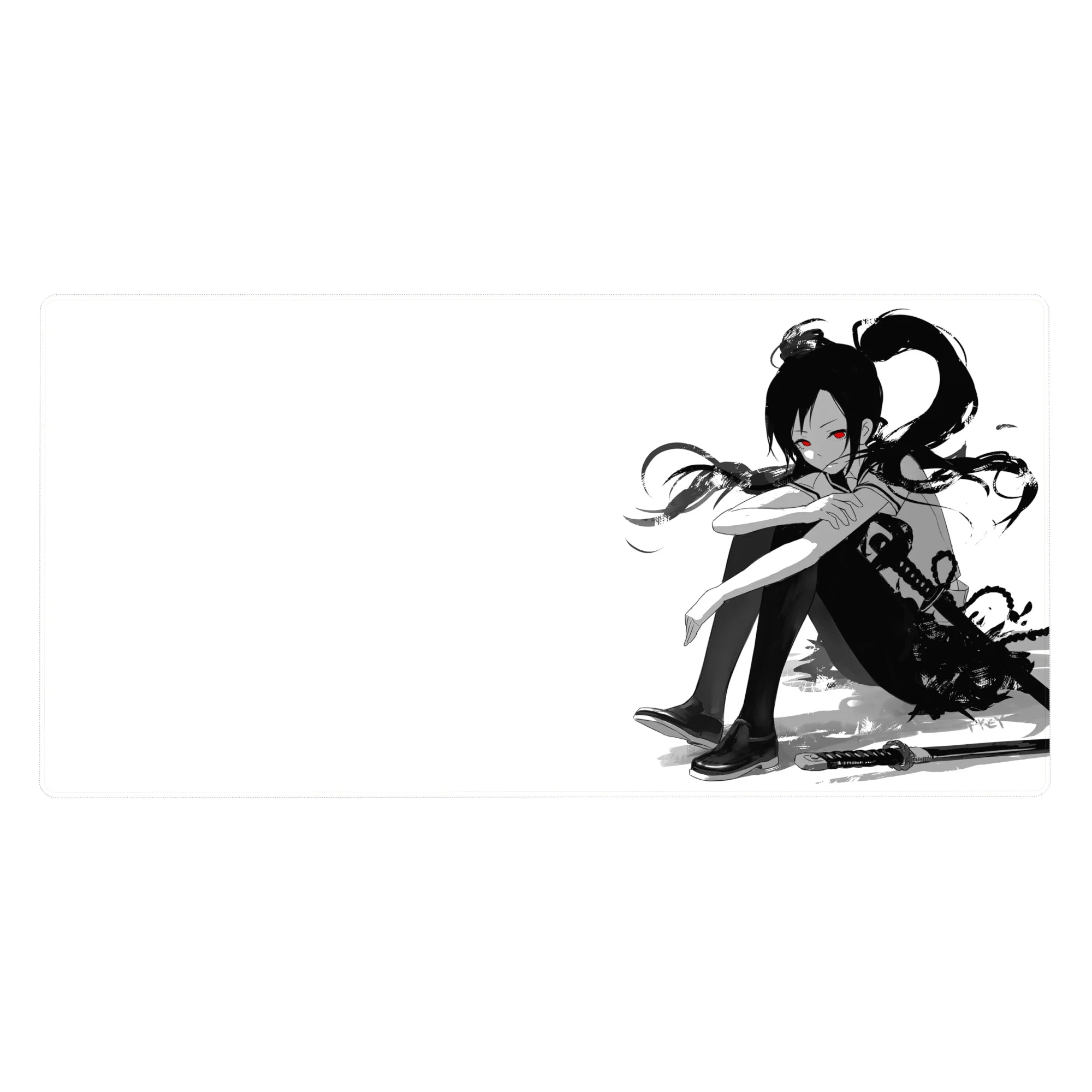 Anime girl desk pad 40x20 inches with ink-wash splatter, katana accent, and clean school uniform art.