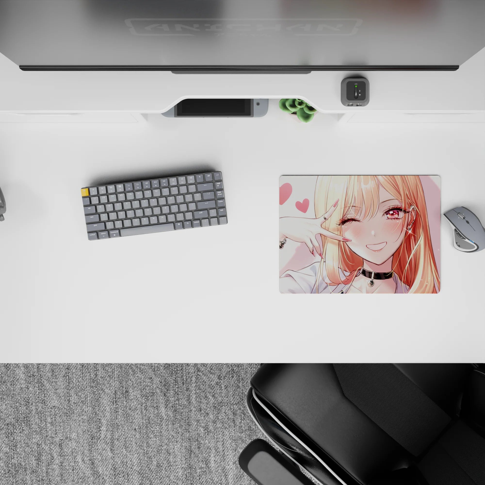 Candy-pink heart vibe on a 14x10 inches anime mouse pad, glossy rose eyes, warm peach blush tones.