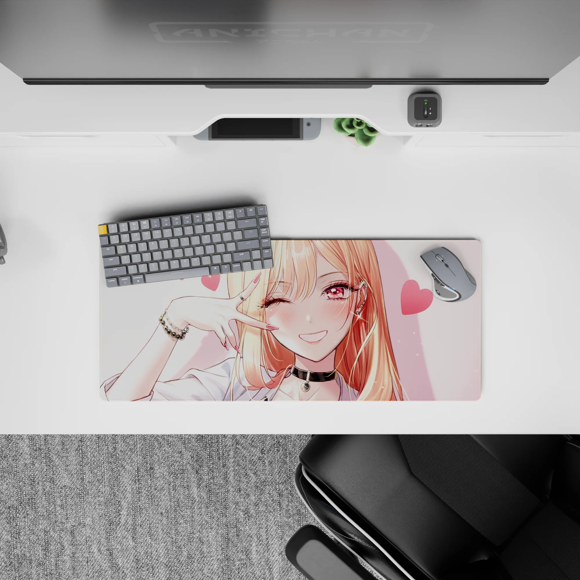 28x12 inches kawaii desk mat in candy-pink and peach tones, glossy rose eyes, sweet flirty vibe.