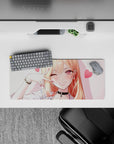 28x12 inches kawaii desk mat in candy-pink and peach tones, glossy rose eyes, sweet flirty vibe.