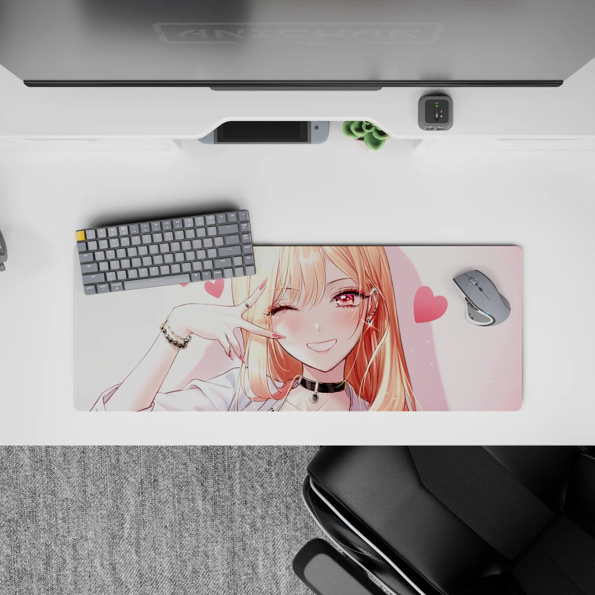 Candy-pink heart vibe anime desk mat 32x12 inches, warm peach blush, glossy highlights, sweet chaos mood.