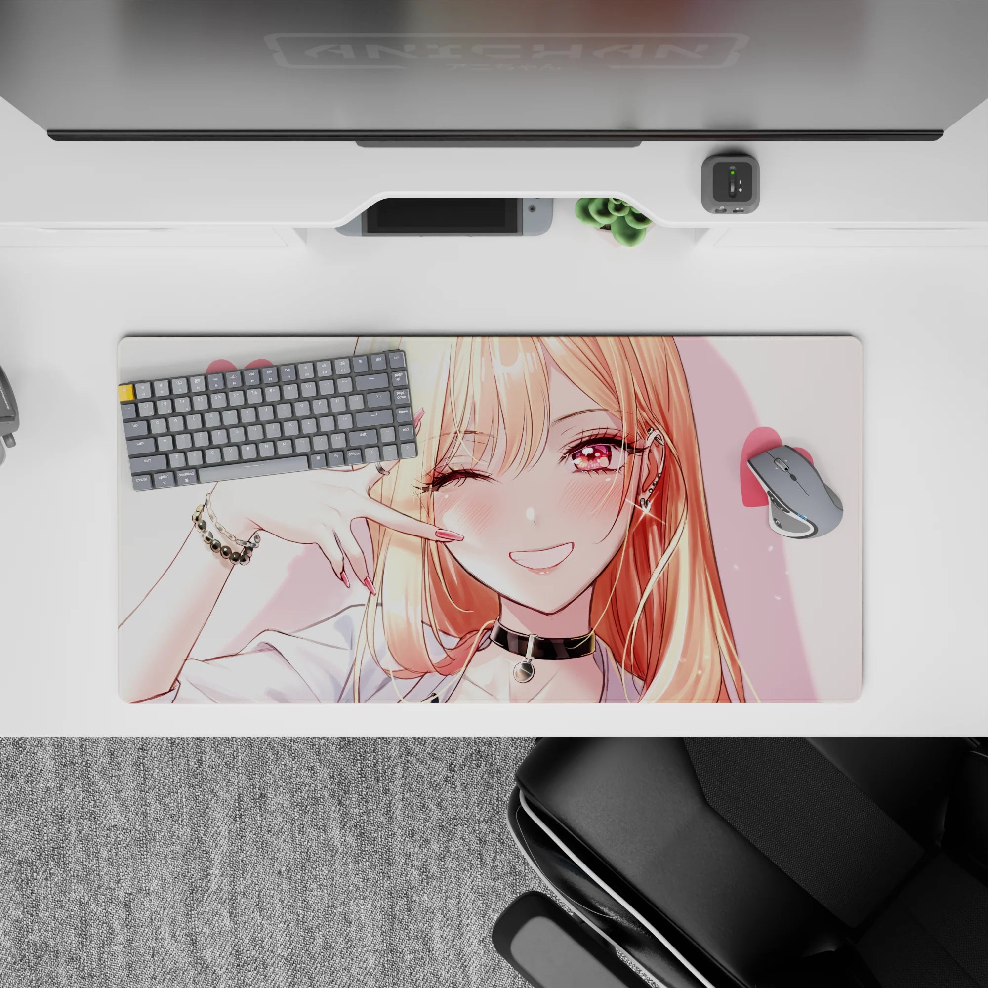 Cute pink-heart anime desk mat 32x16 inches, candy-pink vibe with glossy rose eyes and warm blush.