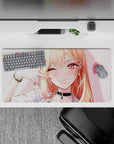 Cute pink-heart anime desk mat 32x16 inches, candy-pink vibe with glossy rose eyes and warm blush.