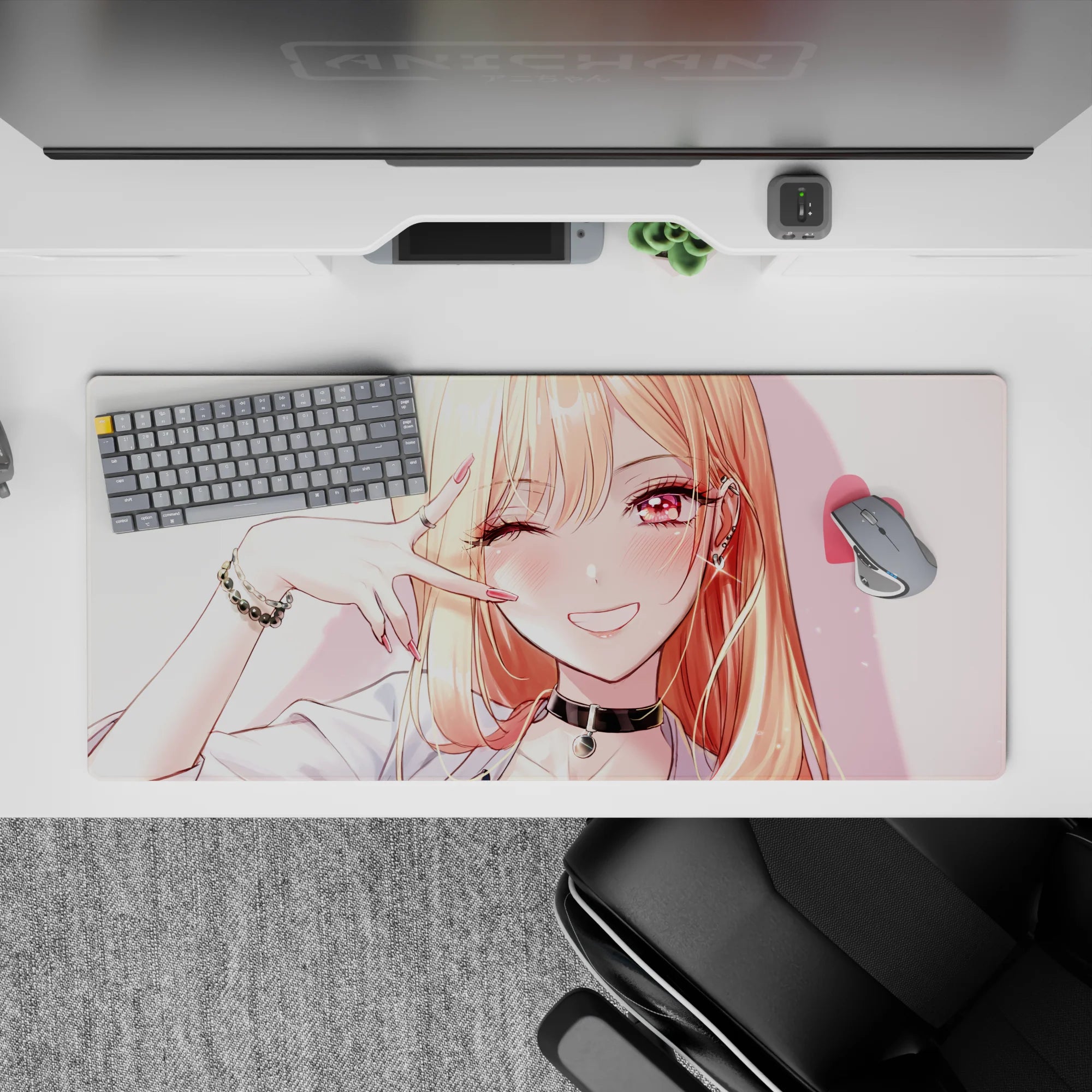 Cute pink-heart anime desk pad 36x16 inches in candy-pink, peach blush tones, glossy rose eyes, cozy vibe.