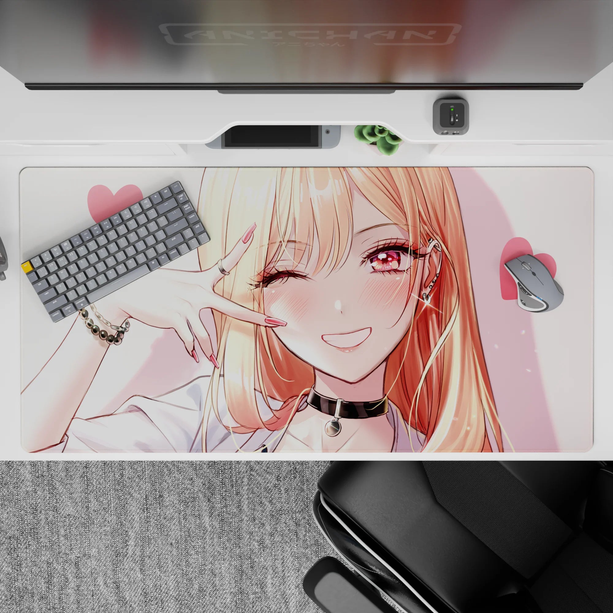 Cute pink-toned anime desk pad 40x20 inches, glossy rose eyes, peach blush, sweet chaotic vibe.