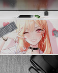 Cute pink-toned anime desk pad 40x20 inches, glossy rose eyes, peach blush, sweet chaotic vibe.