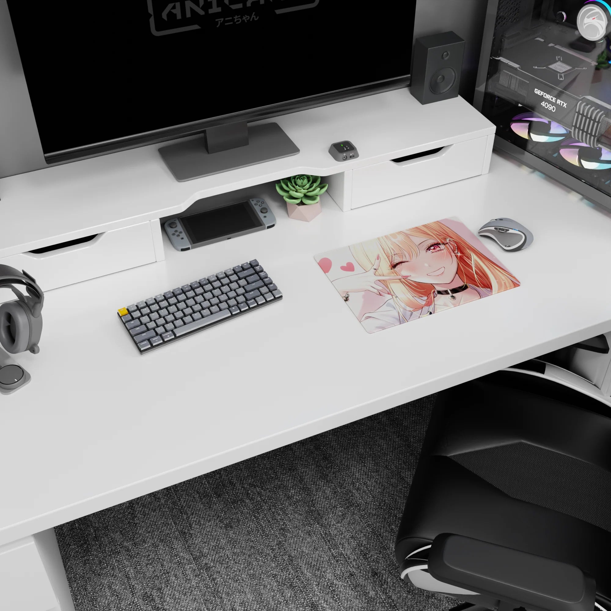 14x10 inches anime girl mouse pad showing a winking blonde with long hair, bracelets, and sparkly piercings.