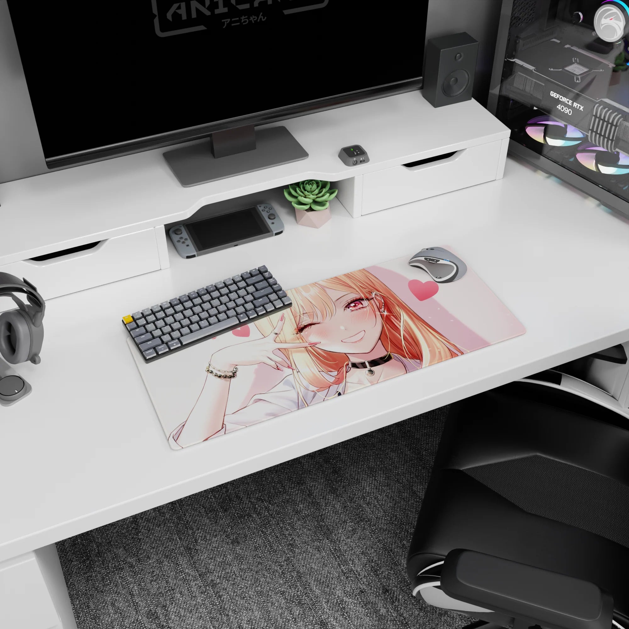28x12 inches mouse pad showing a blonde anime cutie with long shiny hair, heart backdrop, cheeky wink.