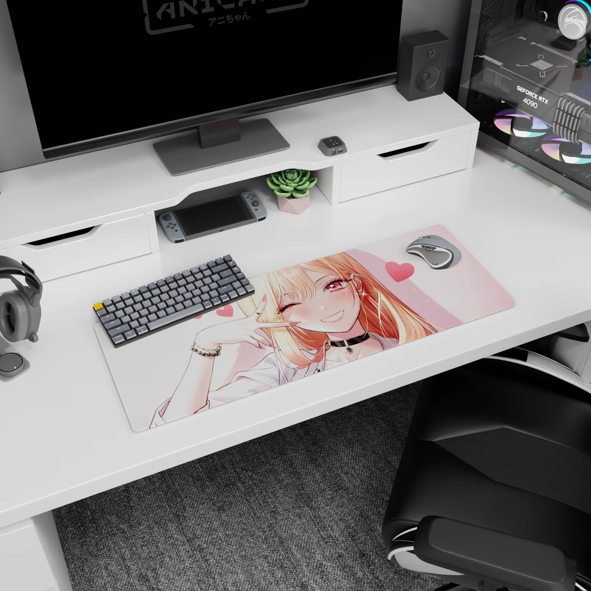 Flirty blonde anime girl with black choker and bracelets on a 32x12 inches mouse pad, hearts floating.