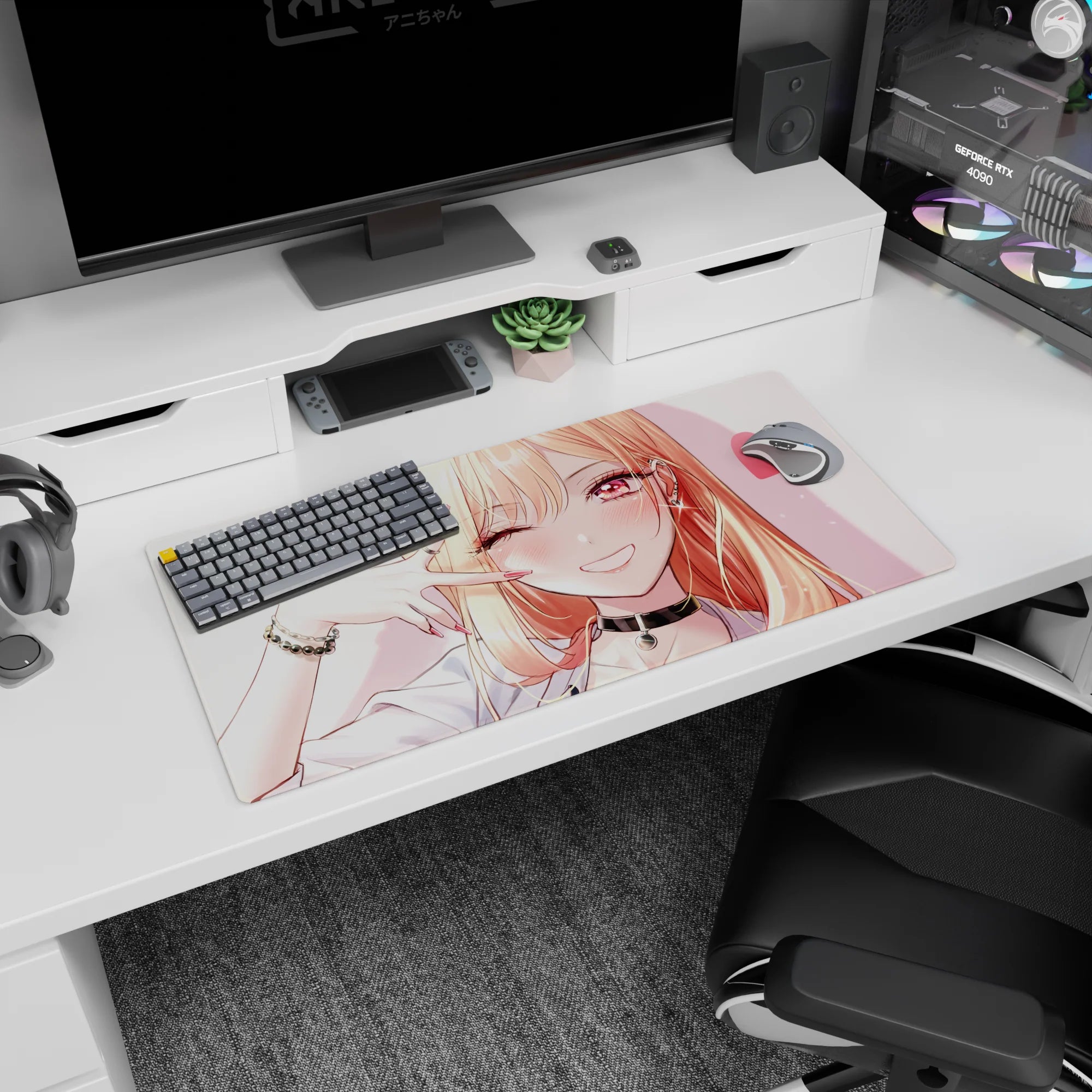 Winking blonde anime girl scene mouse pad 32x16 inches, long shiny hair, black choker, peace sign pose.