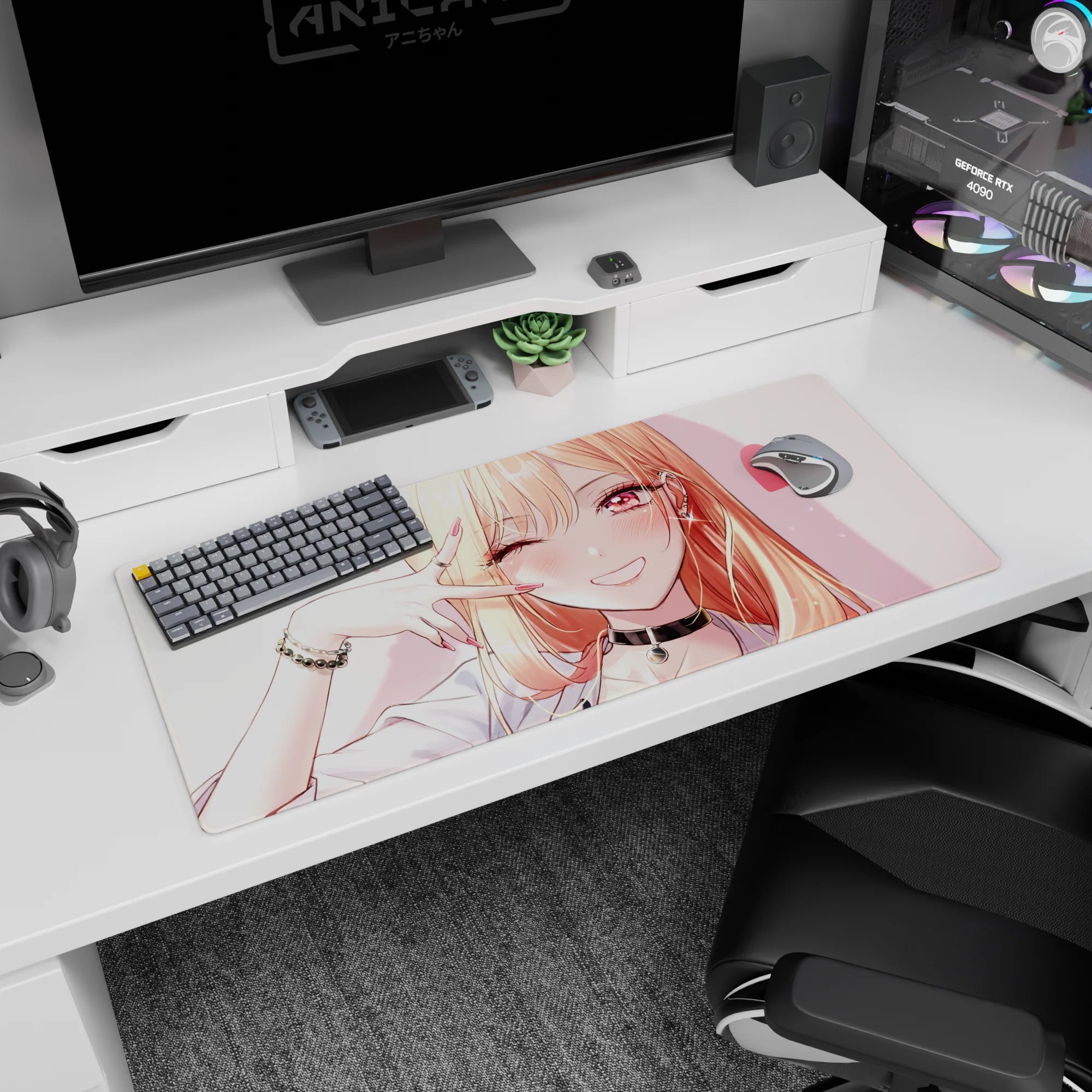 Flirty blonde anime girl desk pad 36x16 inches winks with peace sign, long glossy hair, sparkling piercings.
