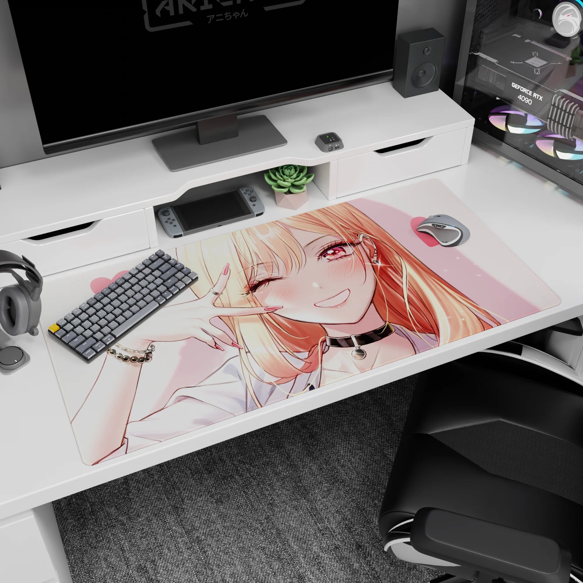 Flirty blonde anime girl with candy-pink hearts and black choker on 40x20 inches desk pad.