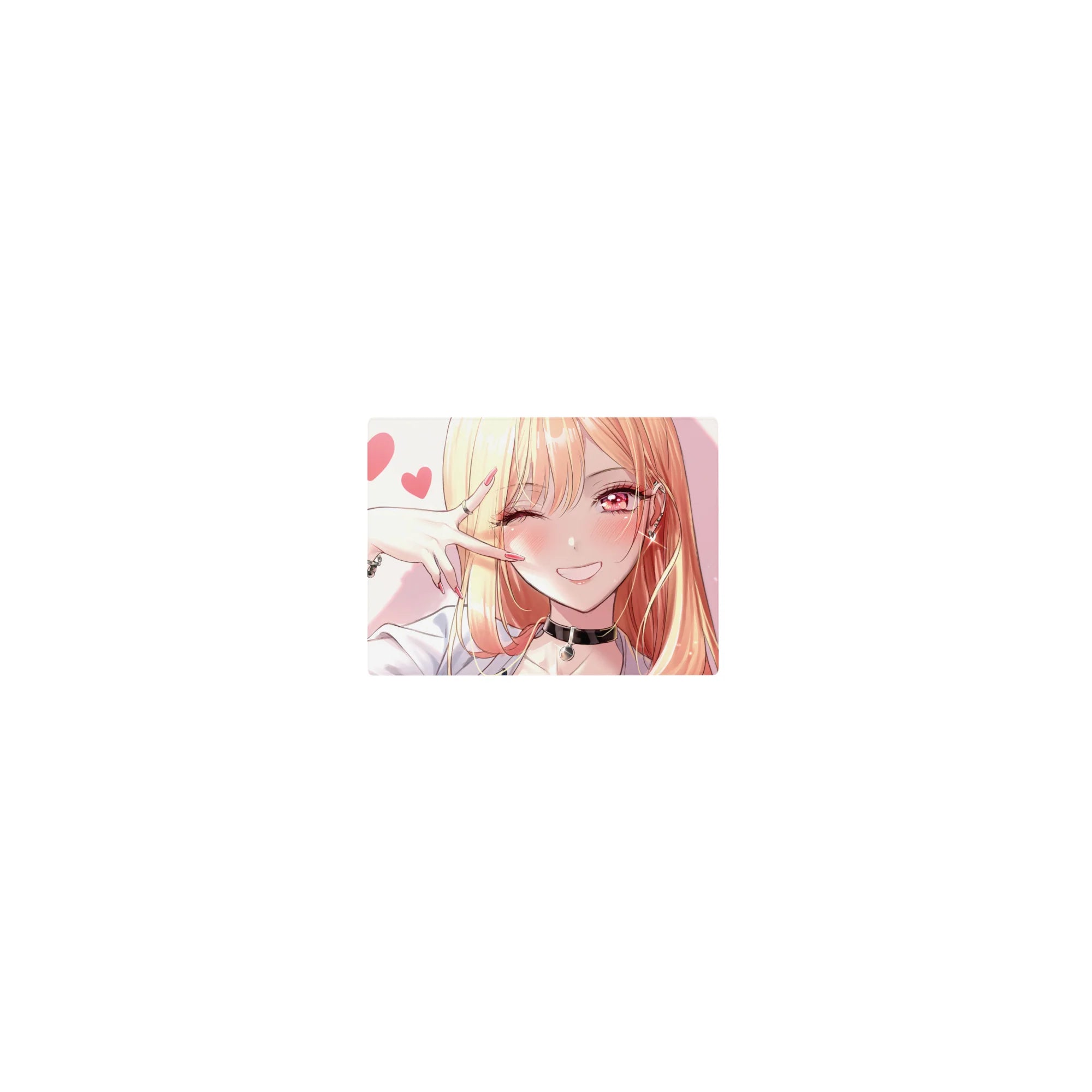 Classic anime girl mouse pad 14x10 inches with blonde cutie, pink hearts, peace sign, choker jewelry.