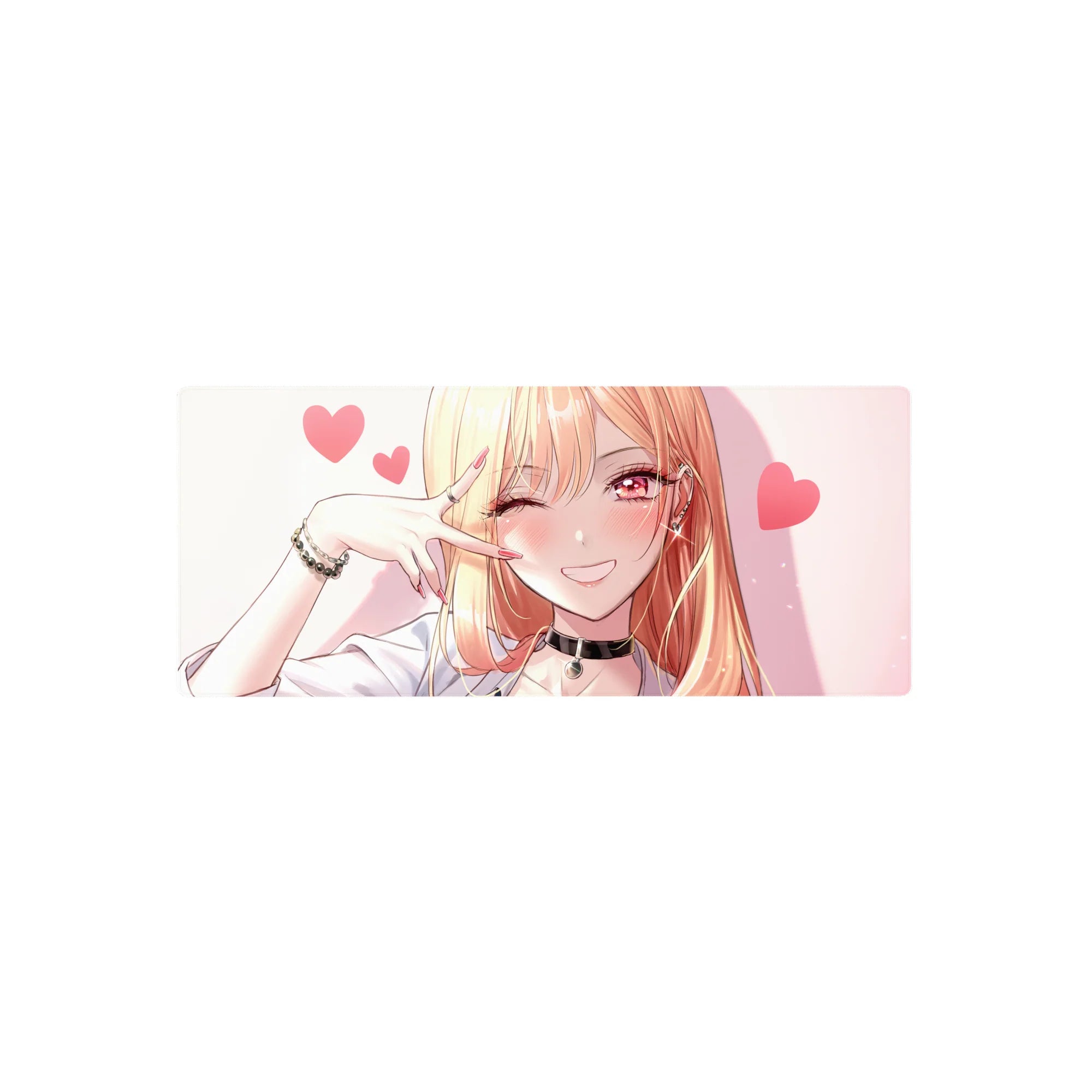 28x12 inches anime girl mouse pad with winking blonde, peace sign, pink hearts, choker and bracelets.