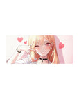 28x12 inches anime girl mouse pad with winking blonde, peace sign, pink hearts, choker and bracelets.