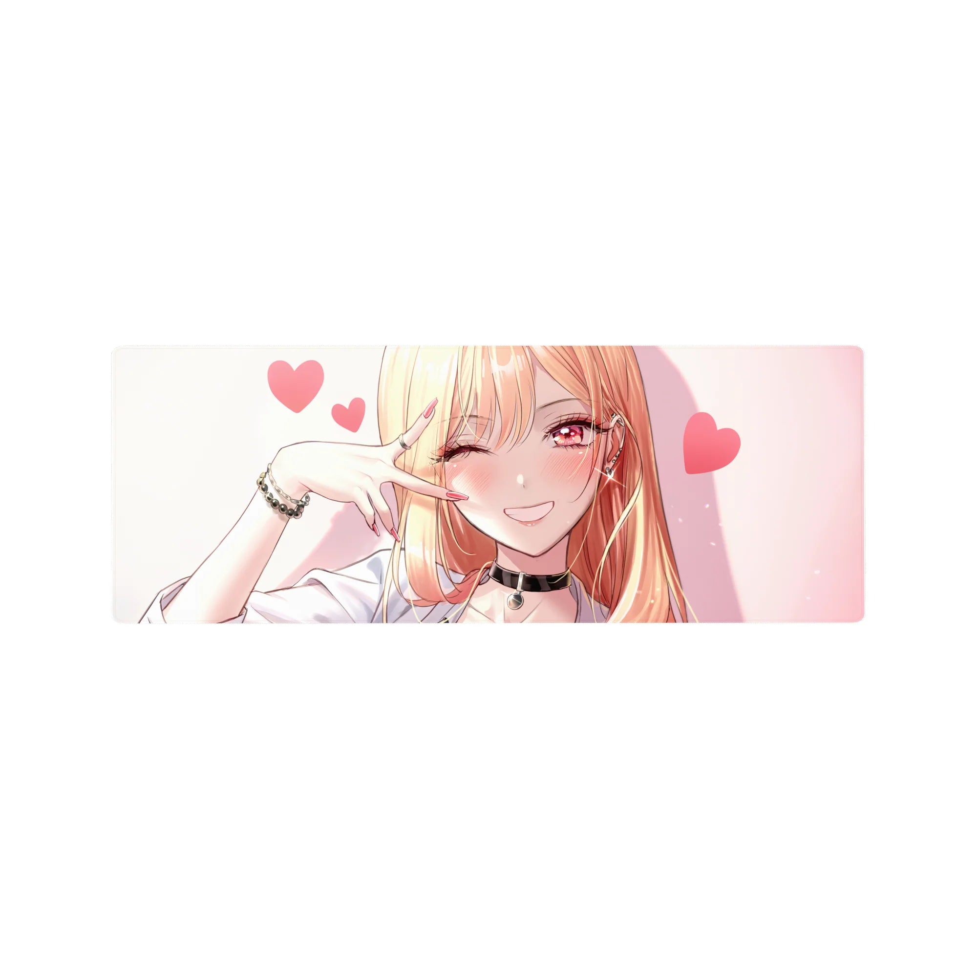 Anime girl mouse pad 32x12 inches with winking blonde, pink hearts, peace sign, and glossy rose eyes.