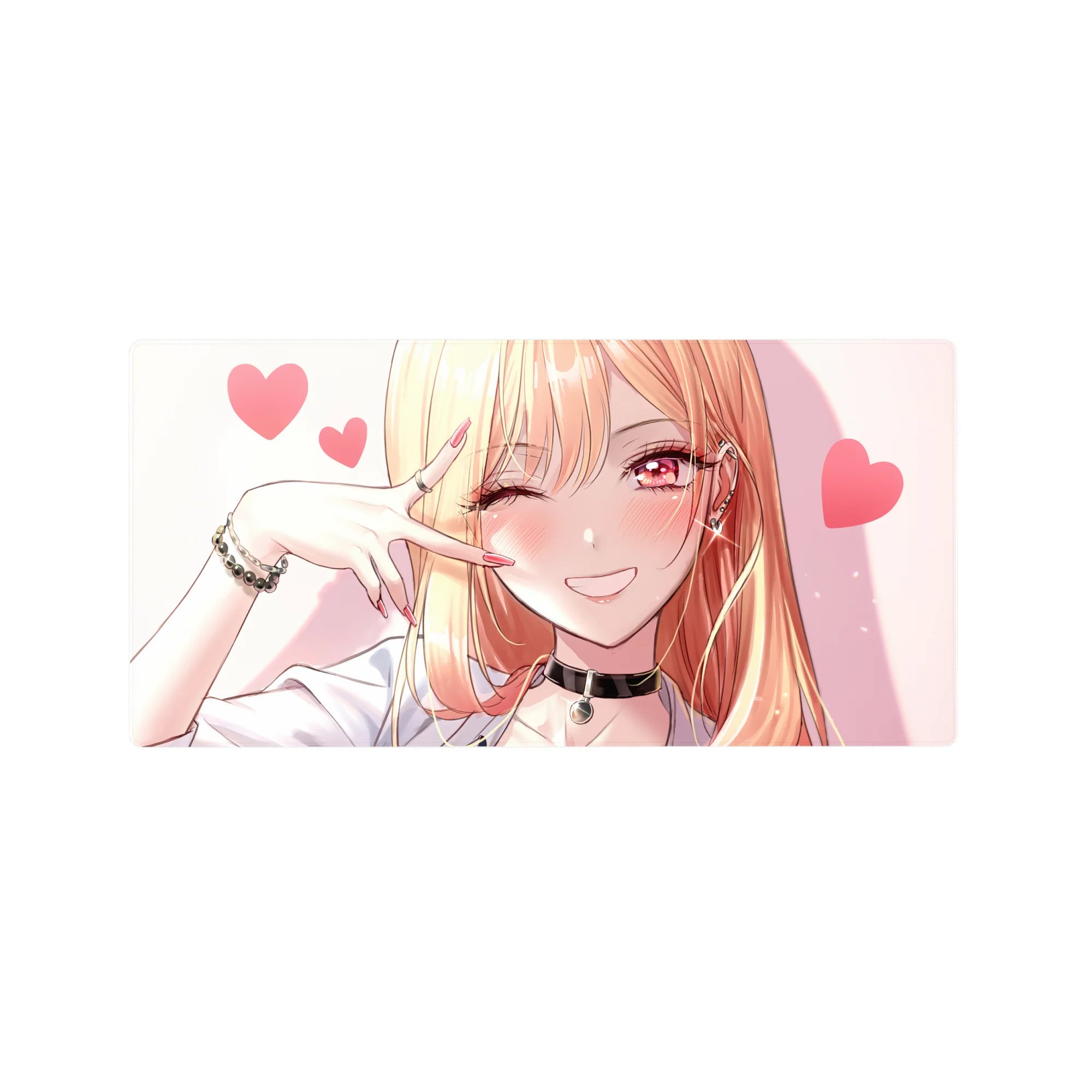 Anime girl mouse pad 32x16 inches with winking blonde, pink hearts, peace sign, choker, and bracelets.