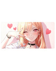 Anime girl mouse pad 32x16 inches with winking blonde, pink hearts, peace sign, choker, and bracelets.
