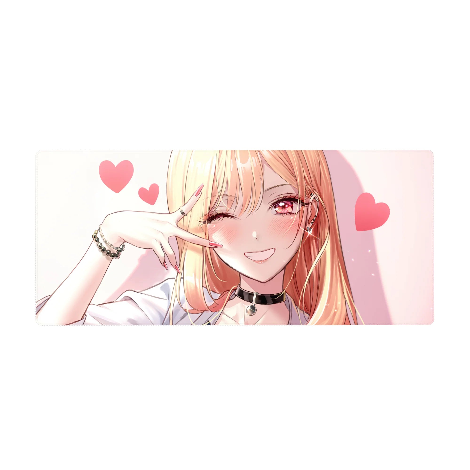 Anime girl desk pad 36x16 inches with winking blonde, pink hearts, peace sign, choker and bracelets.