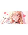 Anime girl desk pad 36x16 inches with winking blonde, pink hearts, peace sign, choker and bracelets.