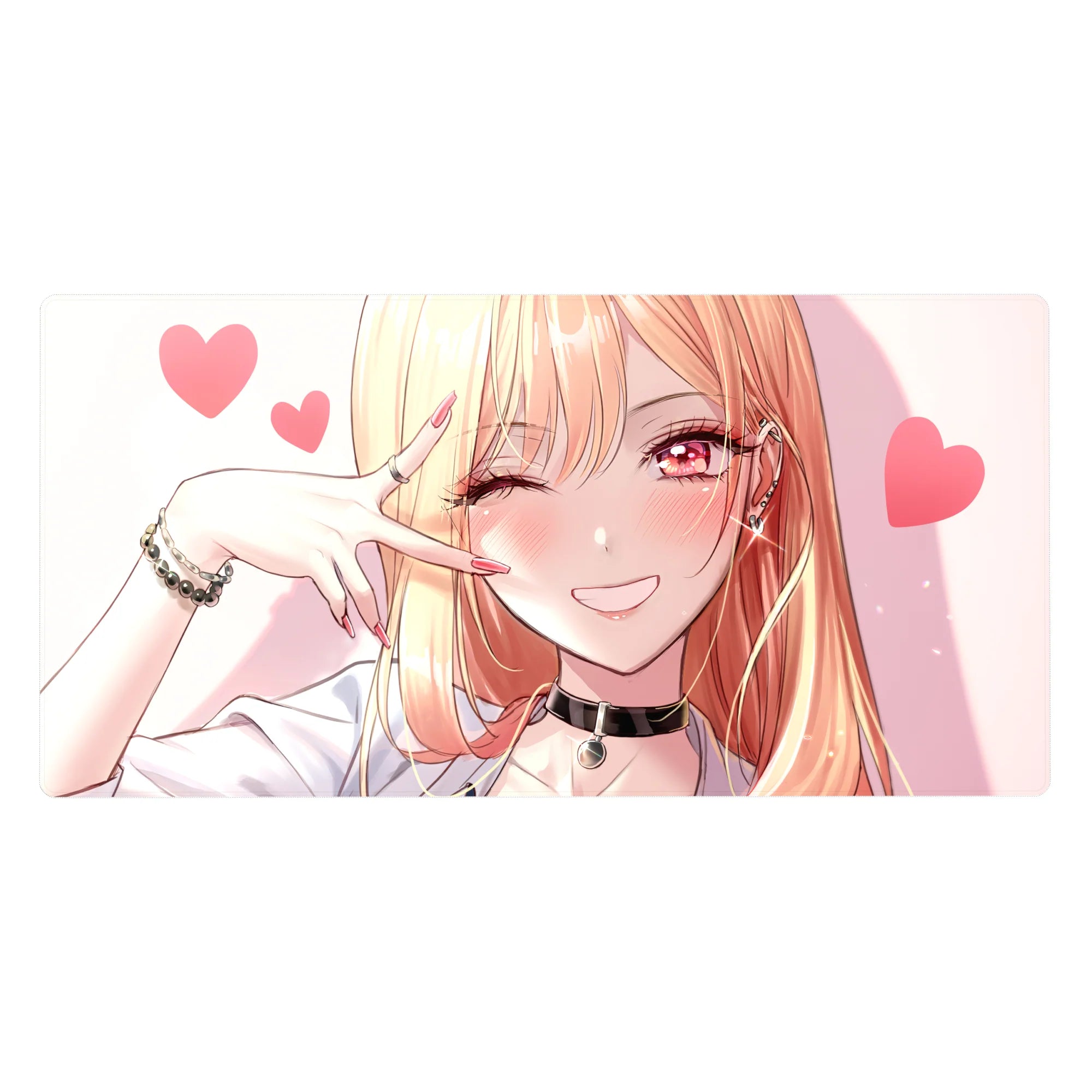 Anime girl desk pad 40x20 inches with blonde wink, peace sign, pink hearts, choker and bracelets.