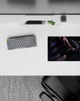 Dark cyber midnight anime mouse pad 14x10 inches in black and crimson with violet glow and sparkles.