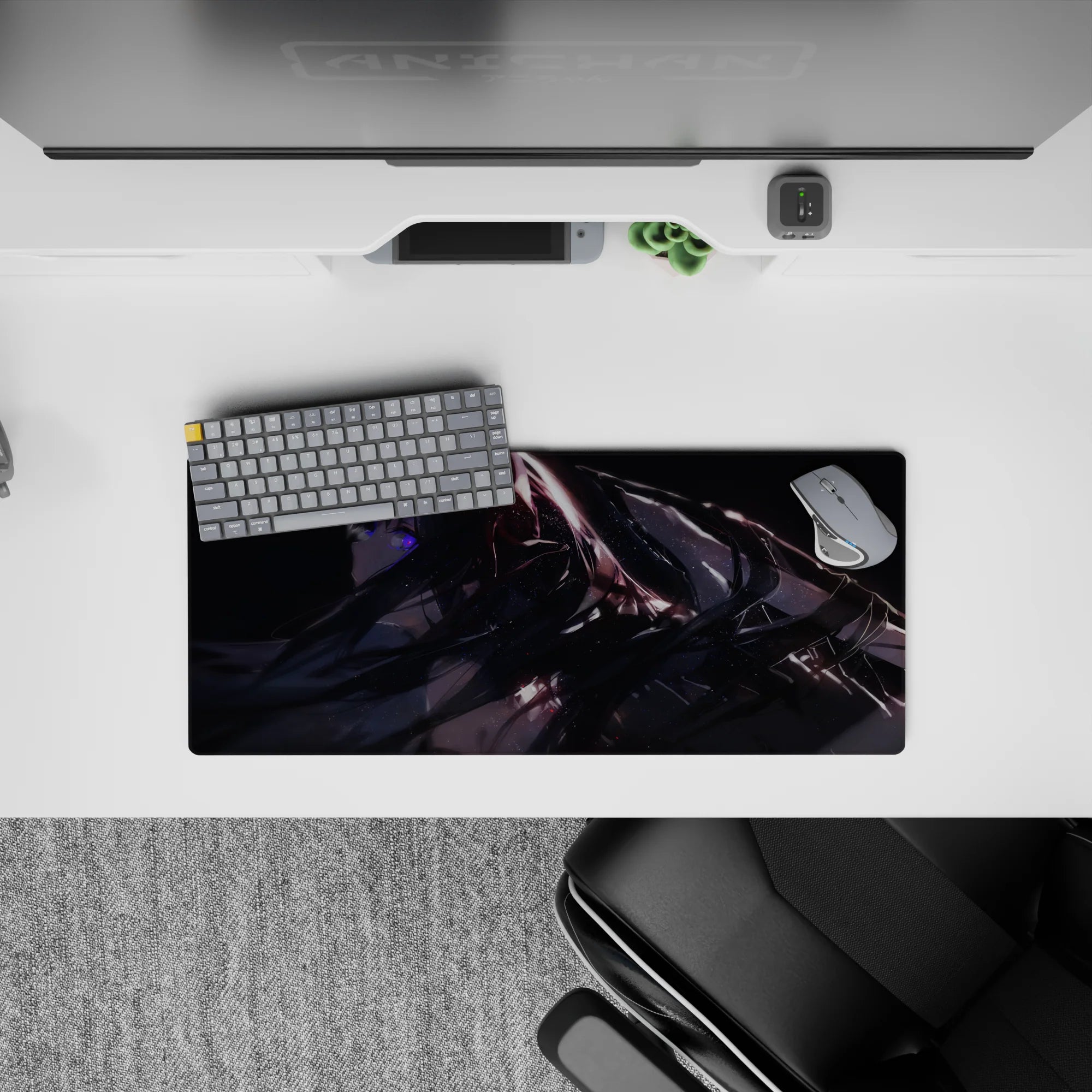 28x12 inches anime mouse pad in midnight black with crimson streaks, violet glow, and soft sparkles.