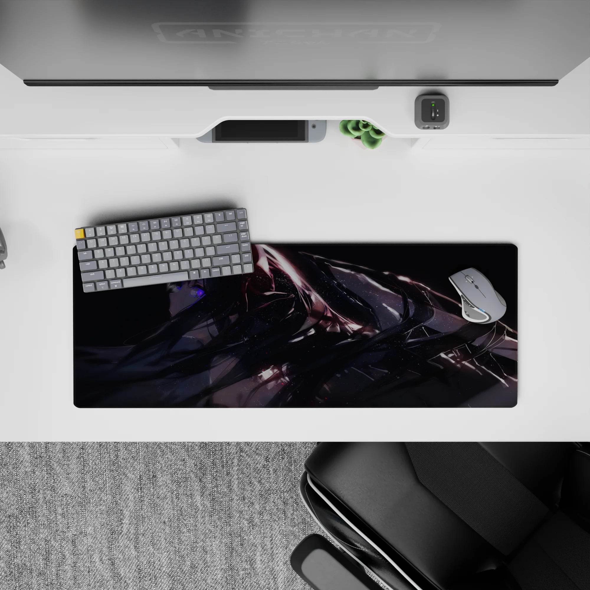 32x12 inches anime mouse pad in midnight blacks with violet glow and crimson streaks, after-dark vibe.