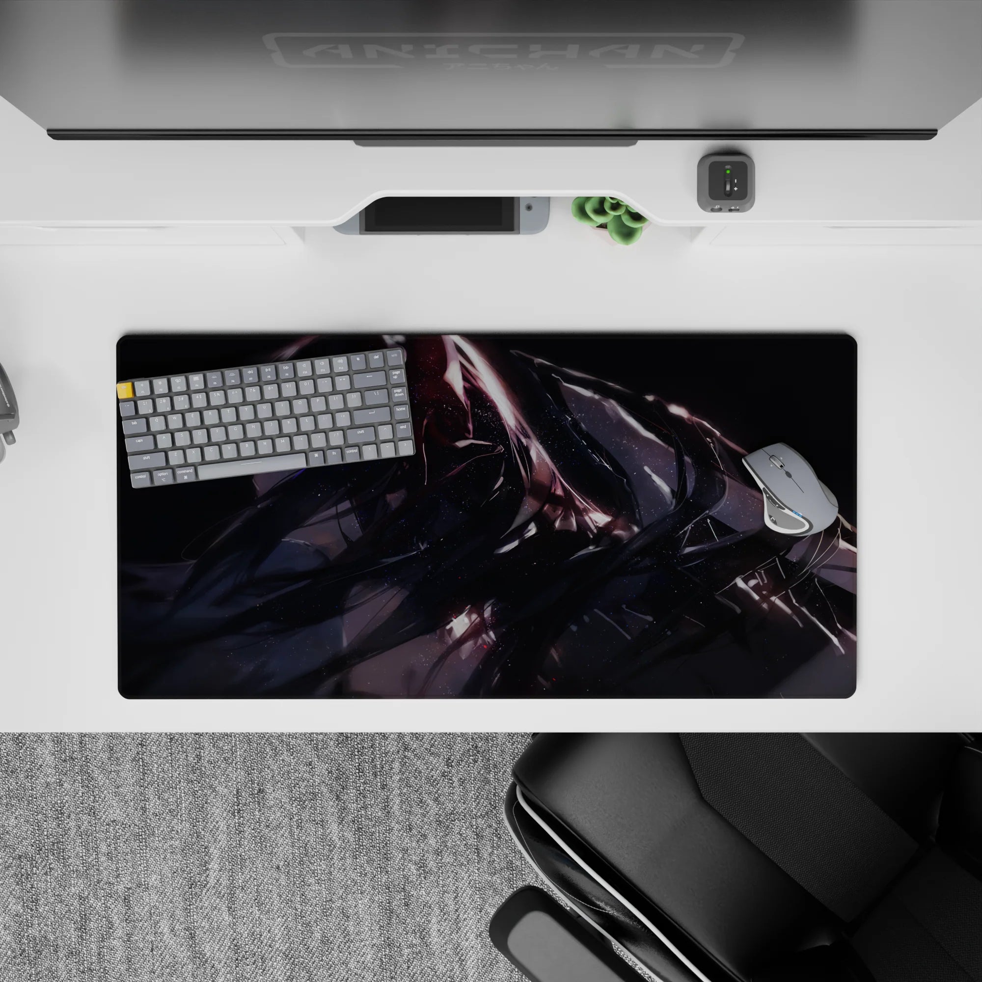 32x16 inches anime mouse pad in midnight tones with crimson streaks, sparkles, and a dark cyber mood.