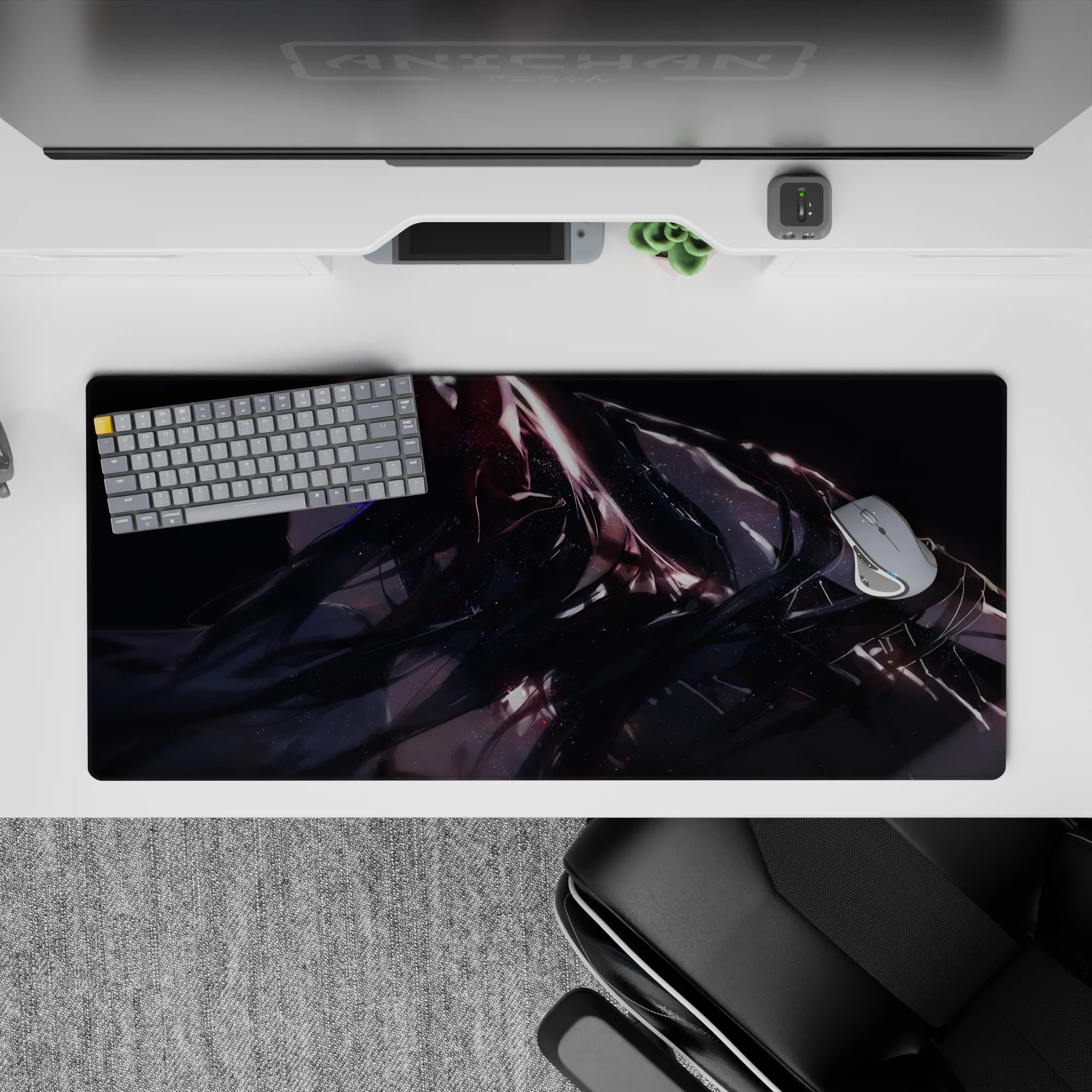 Midnight anime desk pad 36x16 inches in black, violet glow, crimson streaks, after-dark cyber mood.