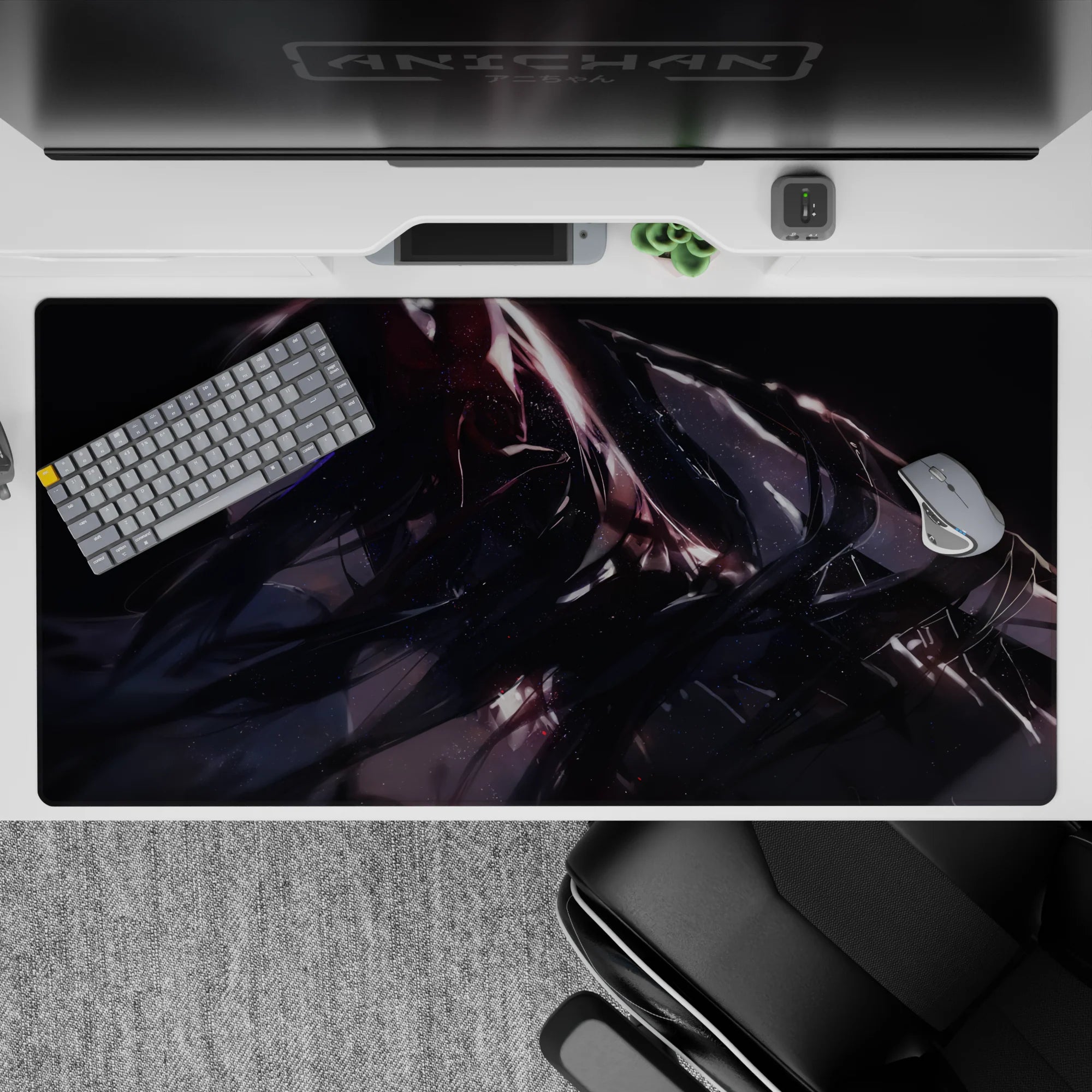 Midnight cyber vibe desk pad 40x20 inches in black, violet, and crimson with after-dark sparkles.