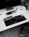 28x12 inches mouse pad showing a dark anime girl with long black hair whipping past and one glowing violet eye.