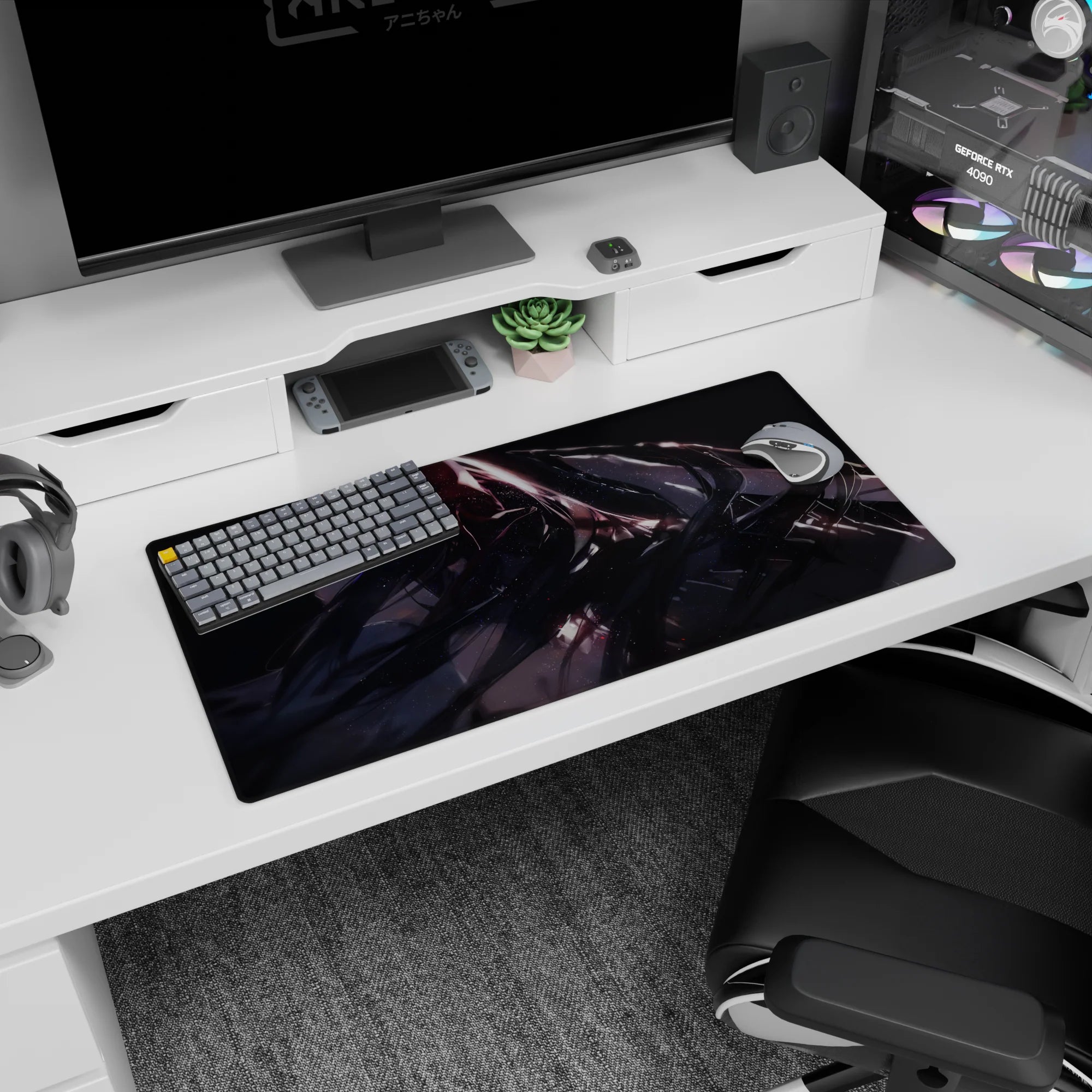 32x16 inches desk mat featuring a fierce anime girl, one glowing violet eye, hair whipping through shadows.