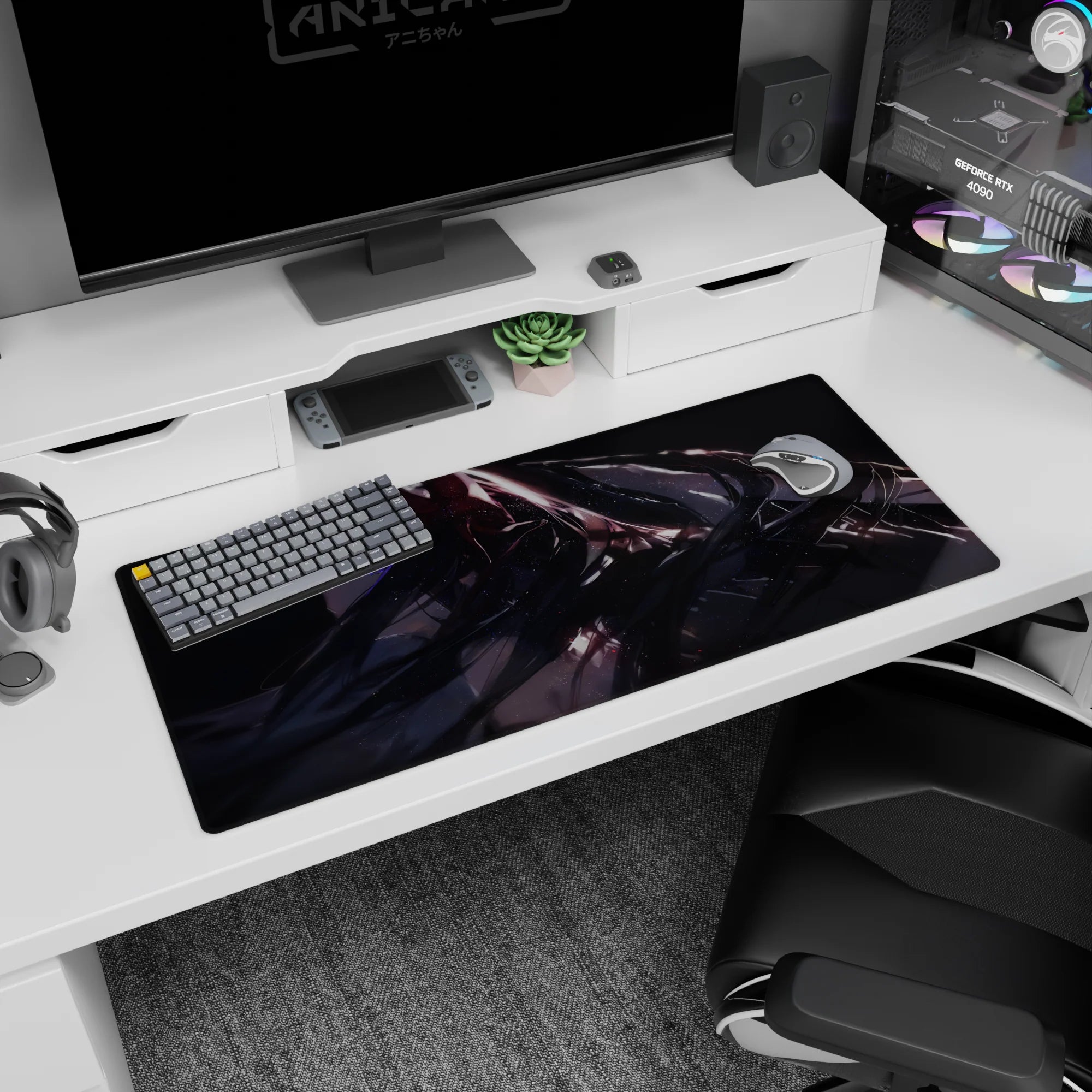 36x16 inches anime girl desk pad showing a raven-haired girl with one violet-glow eye and sleek straps.
