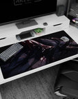 Close-up anime girl desk pad 40x20 inches, one glowing violet eye, ink-like hair, futuristic straps.