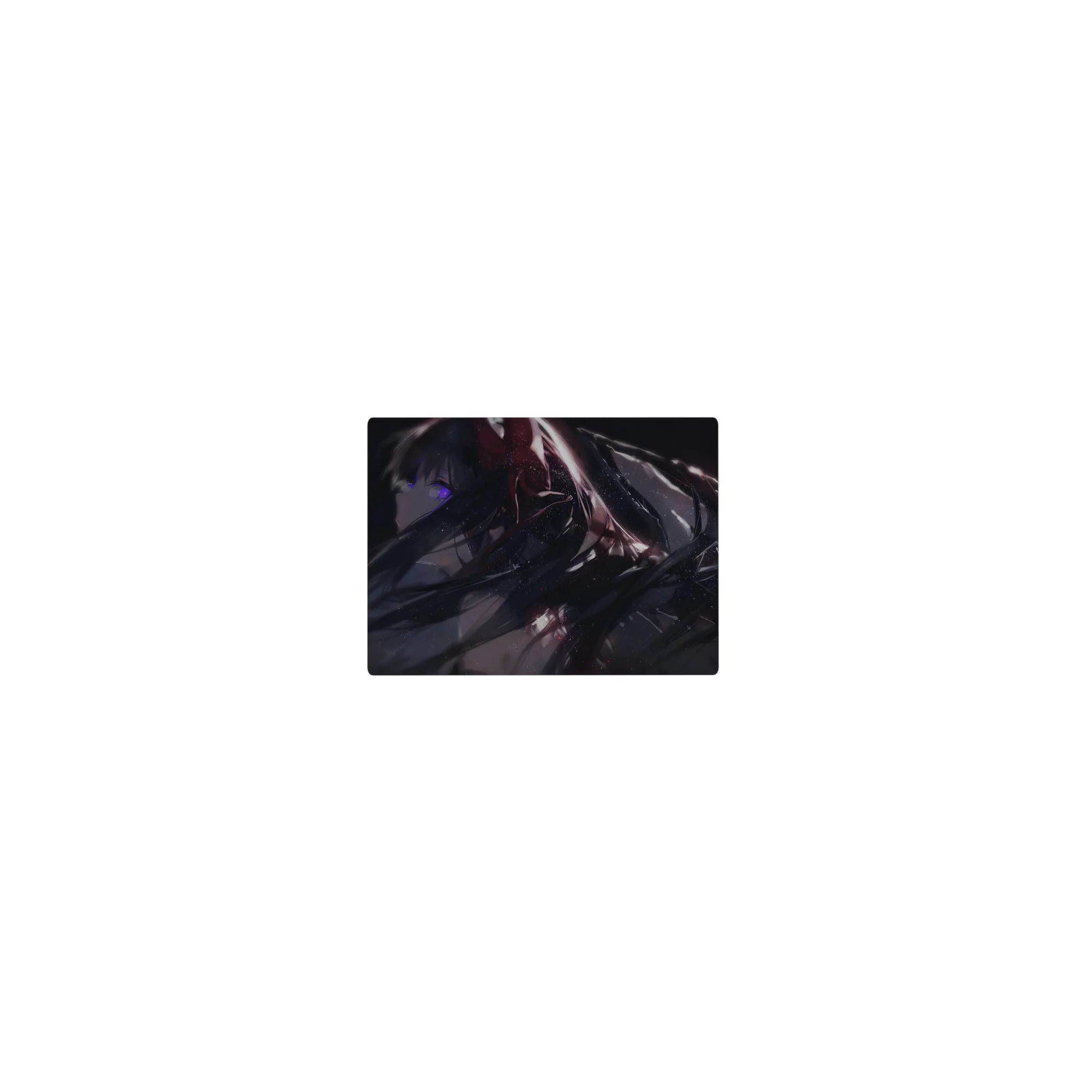 Classic anime girl mouse pad 14x10 inches with raven hair, violet eye, glossy black outfit, sparkles.