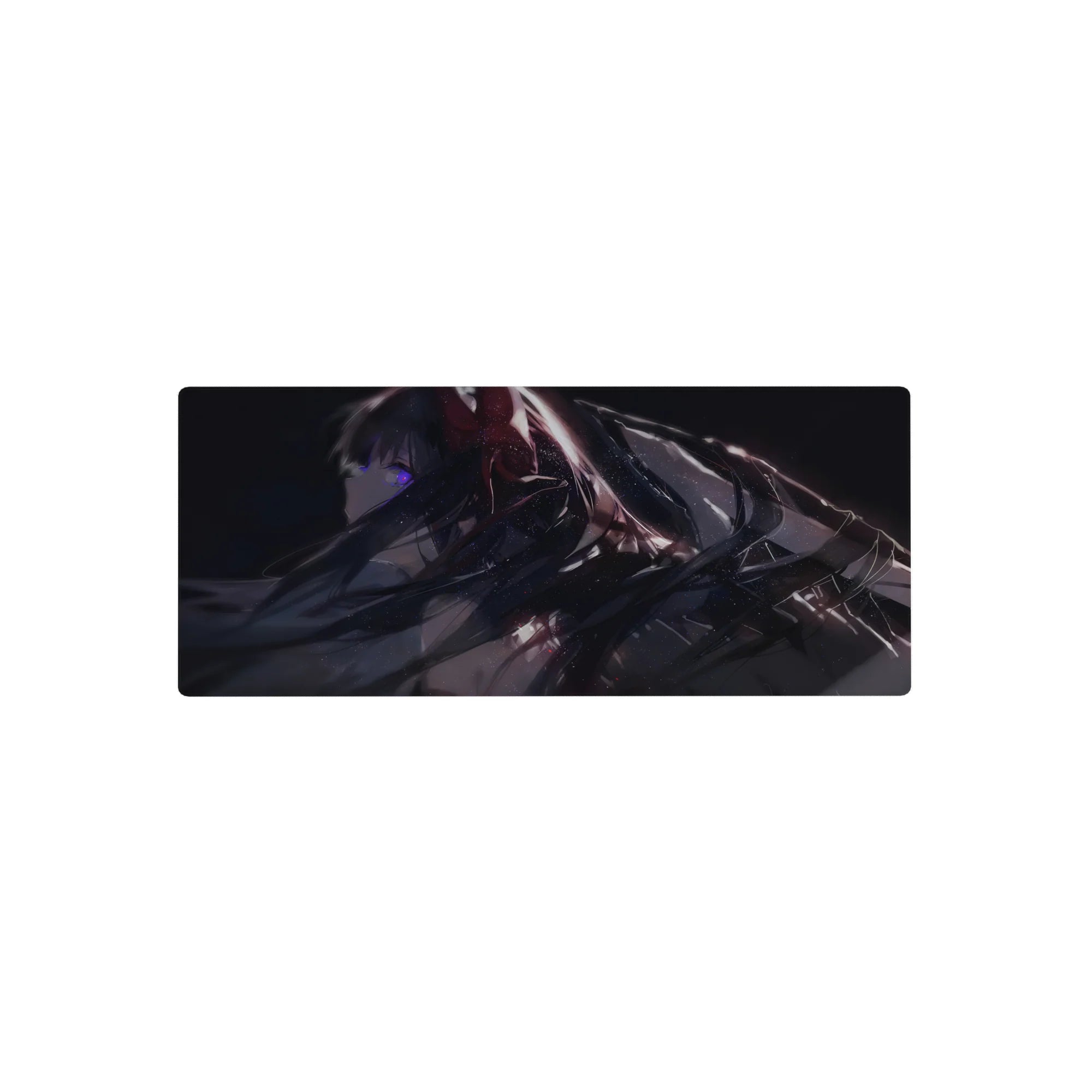 28x12 inches anime girl mouse pad with raven hair, violet eye, glossy black outfit, futuristic straps.