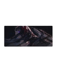 28x12 inches anime girl mouse pad with raven hair, violet eye, glossy black outfit, futuristic straps.
