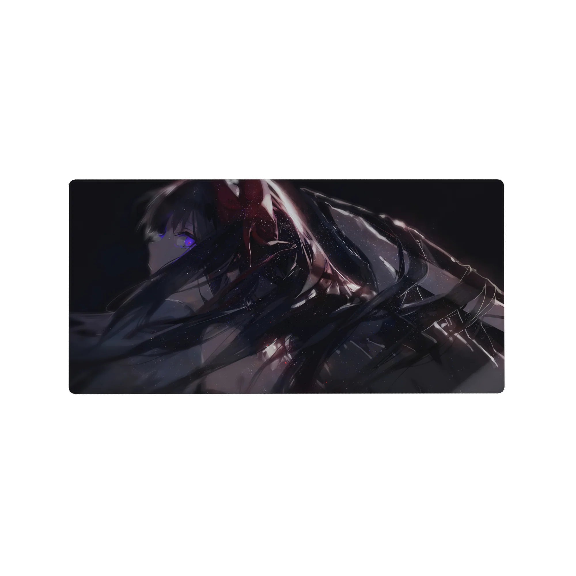 32x16 inches anime girl mouse pad with raven hair, violet eye glow, and glossy black futuristic outfit.