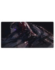 32x16 inches anime girl mouse pad with raven hair, violet eye glow, and glossy black futuristic outfit.