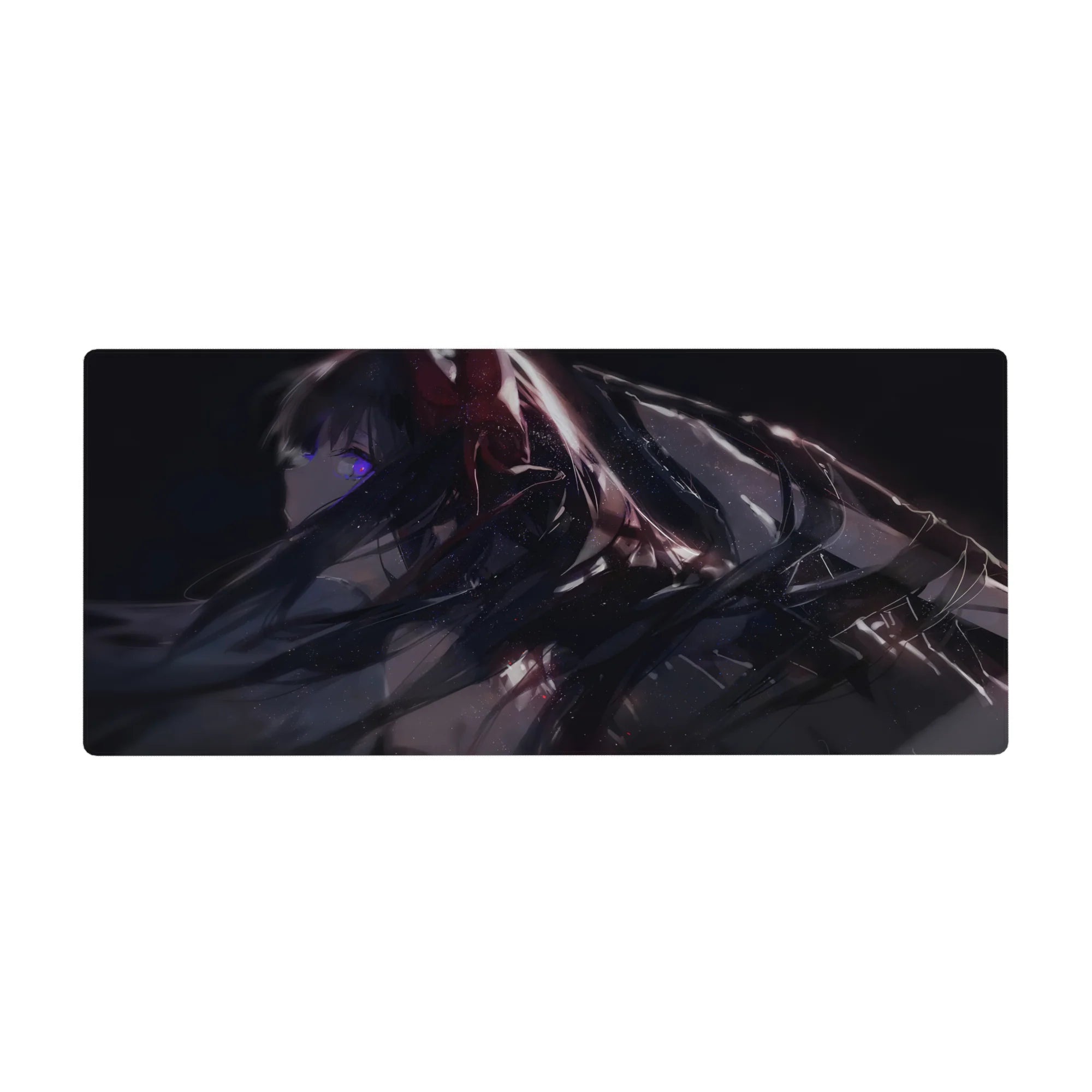 Anime girl desk pad 36x16 inches with raven hair, violet eye, glossy black outfit, futuristic sparkles.