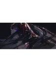Anime girl desk pad 36x16 inches with raven hair, violet eye, glossy black outfit, futuristic sparkles.