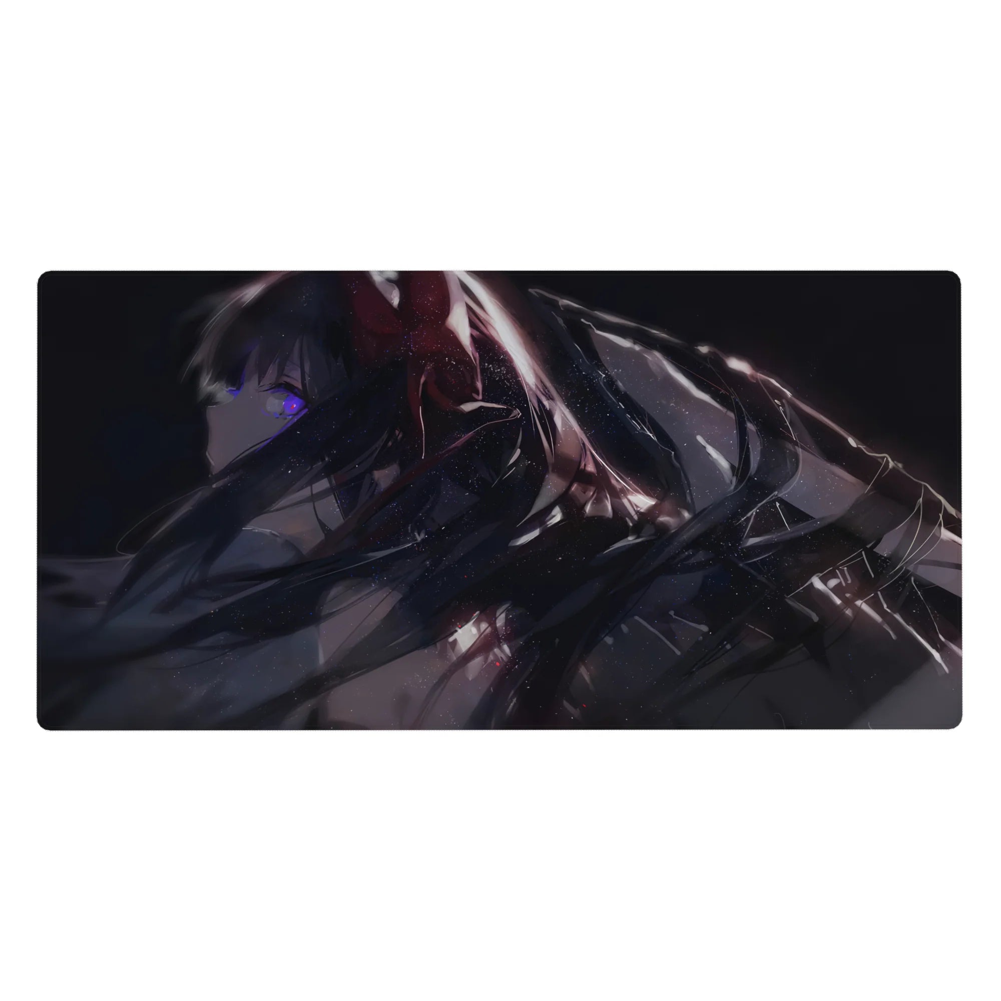 Anime girl desk pad 40x20 inches with raven hair, violet eye glow, glossy black outfit, sparkles.