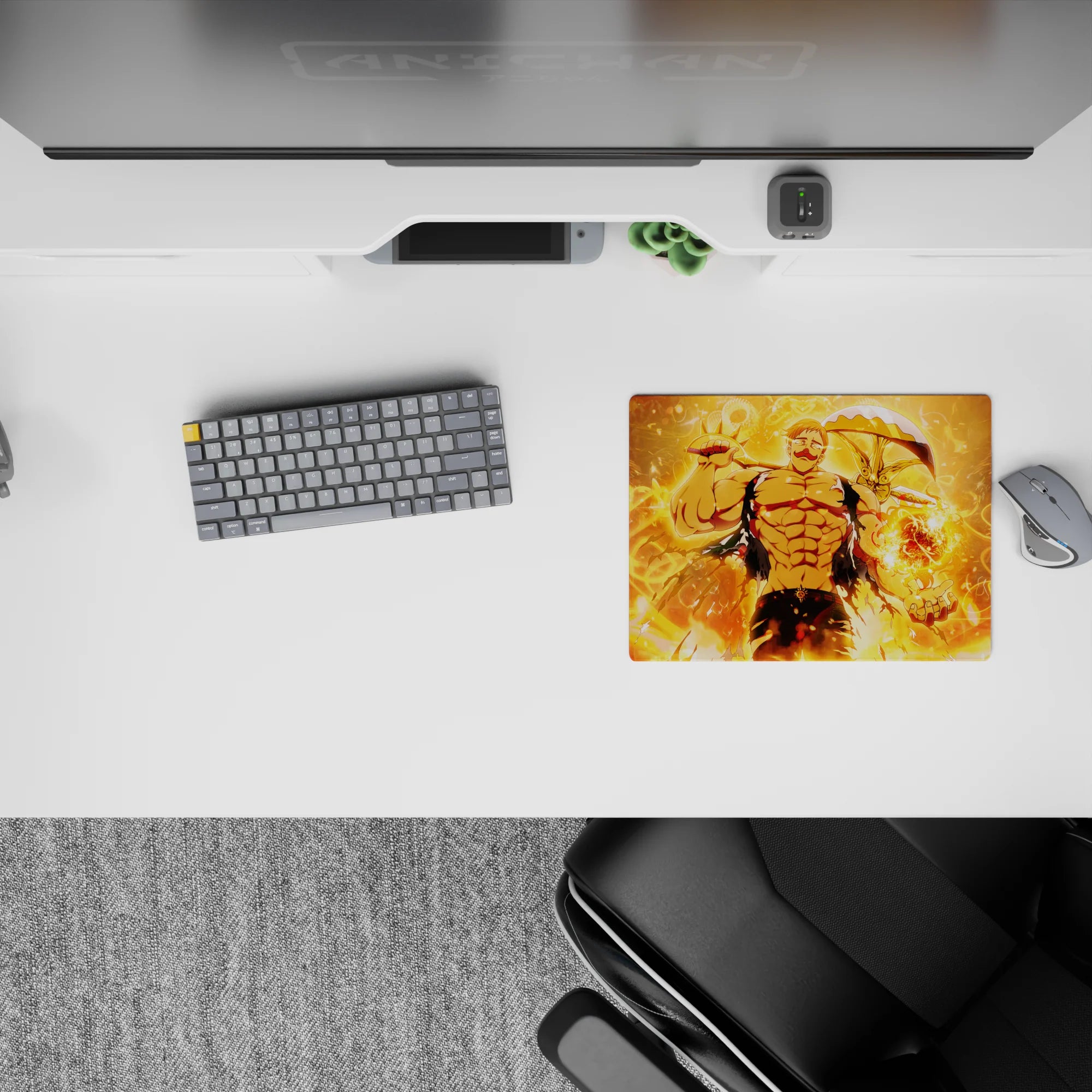 Fiery orange anime mouse pad 14x10 inches, glowing golden flames and crackling energy, intense vibe.