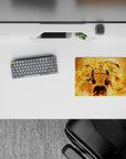 Fiery orange anime mouse pad 14x10 inches, glowing golden flames and crackling energy, intense vibe.