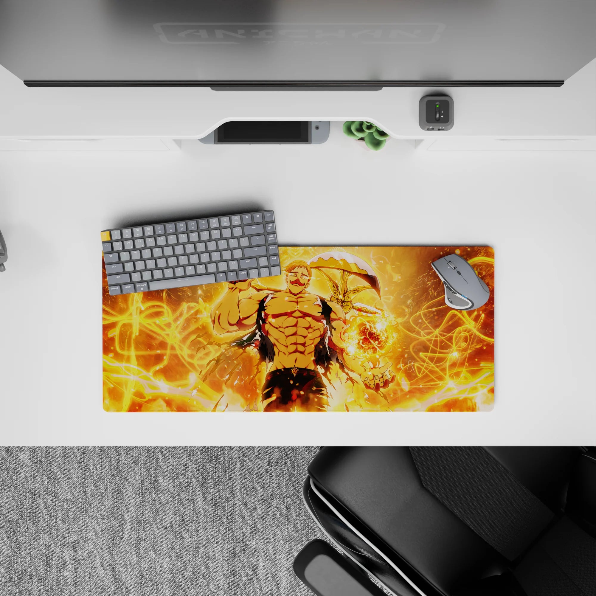 28x12 inches fiery orange anime mouse pad with electric loops, glowing orb, and intense heat vibe.