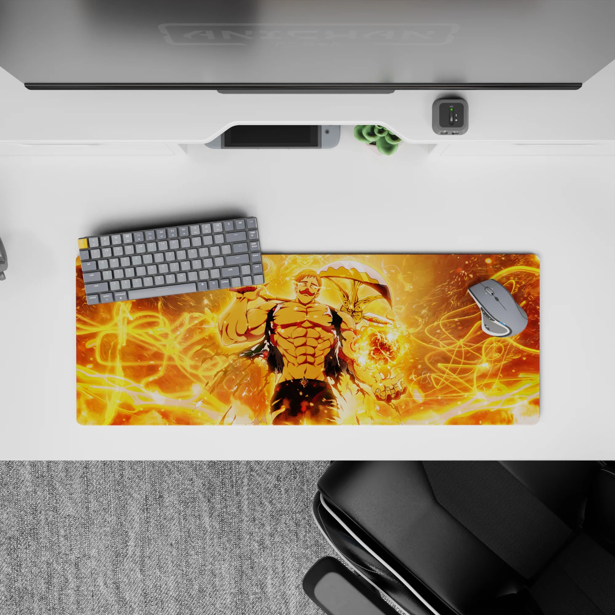 32x12 inches anime mouse pad in blazing orange glow with golden flames, sharp shadows, and chaotic energy.