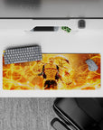 32x12 inches anime mouse pad in blazing orange glow with golden flames, sharp shadows, and chaotic energy.