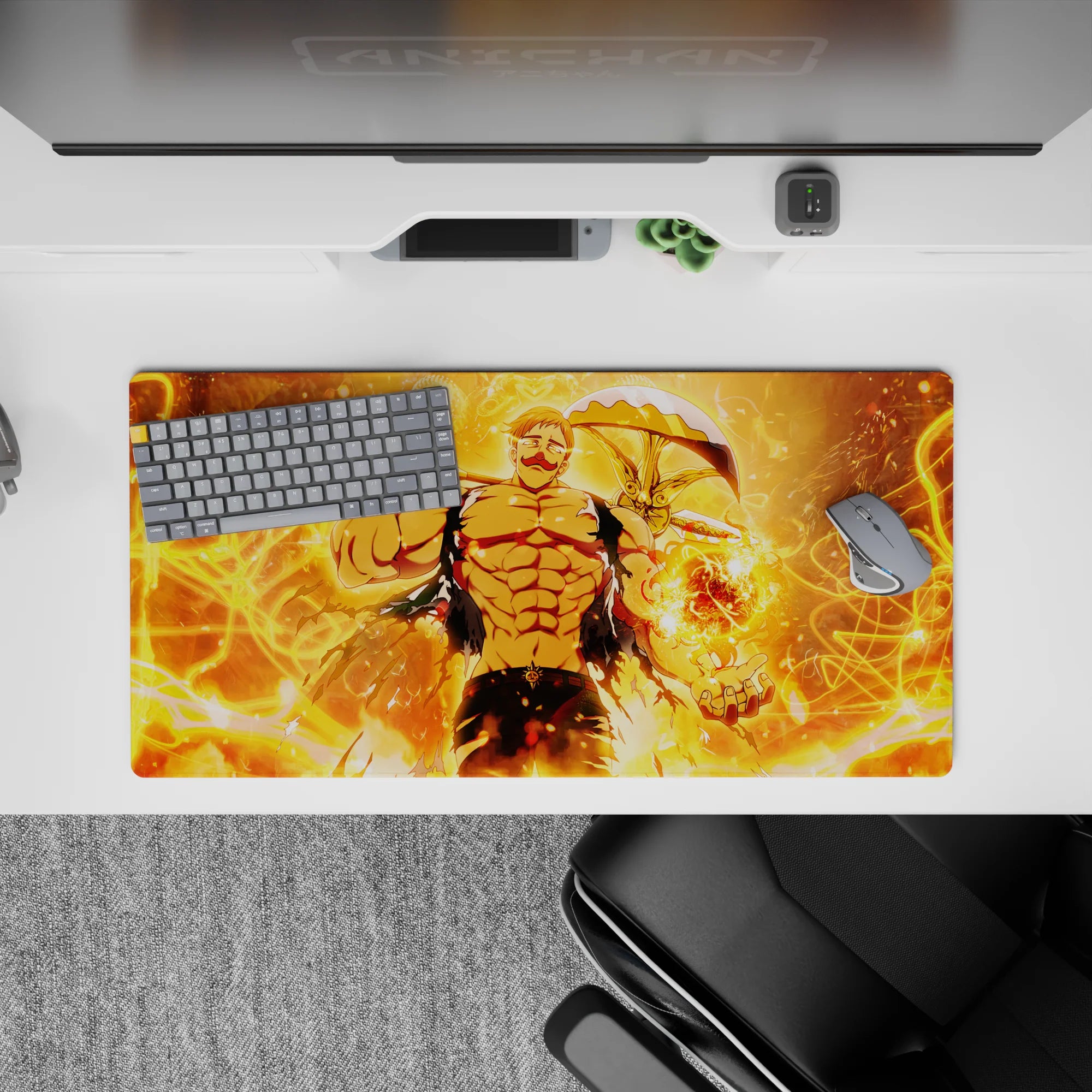 32x16 inches fiery orange anime mouse pad, glowing orb, sharp shadows, chaotic high-energy flame aura.