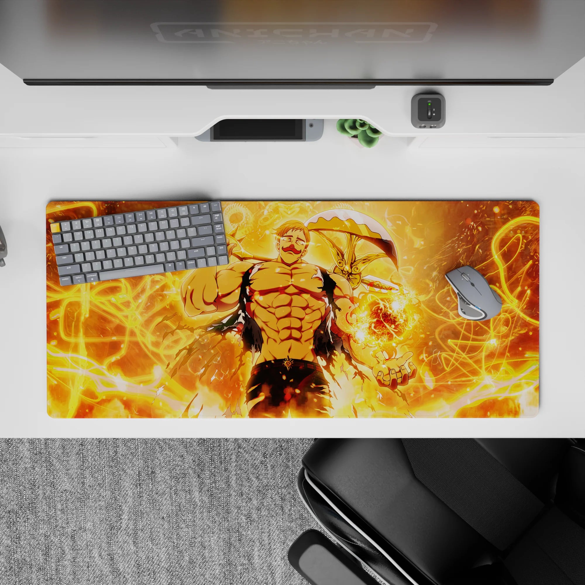 36x16 inches anime mouse pad in blazing orange glow with fiery orb, sharp shadows, and chaotic energy.